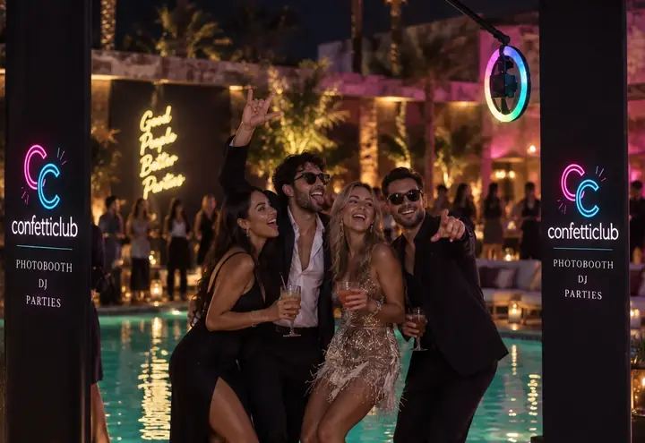 Guests dancing under the Confetti Club 360 booth arch beside a pool at night