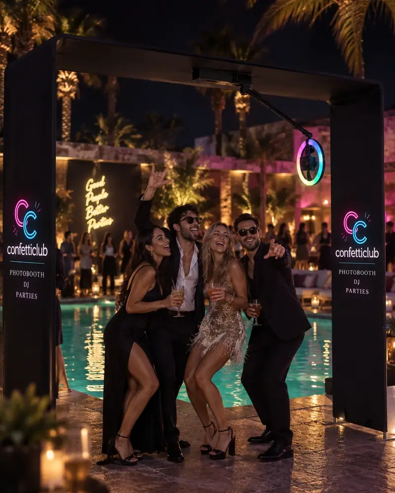 Guests dancing under the Confetti Club 360 booth arch beside a pool at night