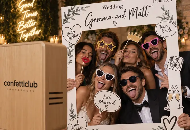 Wedding guests posing with props and a frame beside the Confetti Club photo booth