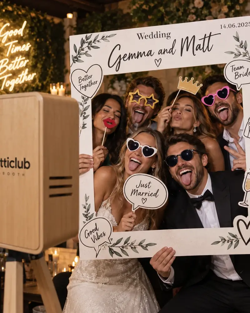 Wedding guests posing with props and a frame beside the Confetti Club photo booth