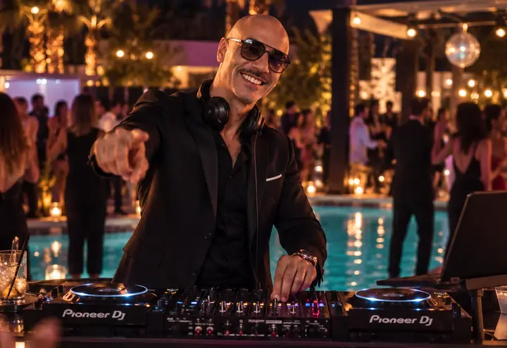DJ Bax playing a poolside party at the Confetti Club DJ booth