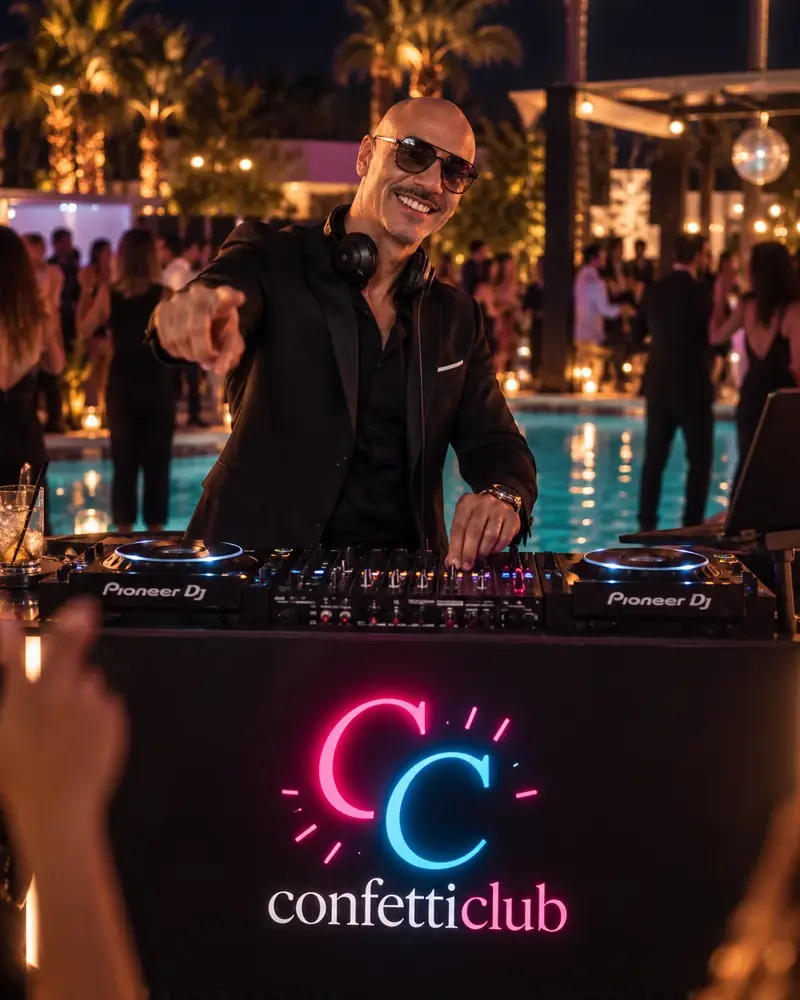 DJ Bax playing a poolside party at the Confetti Club DJ booth
