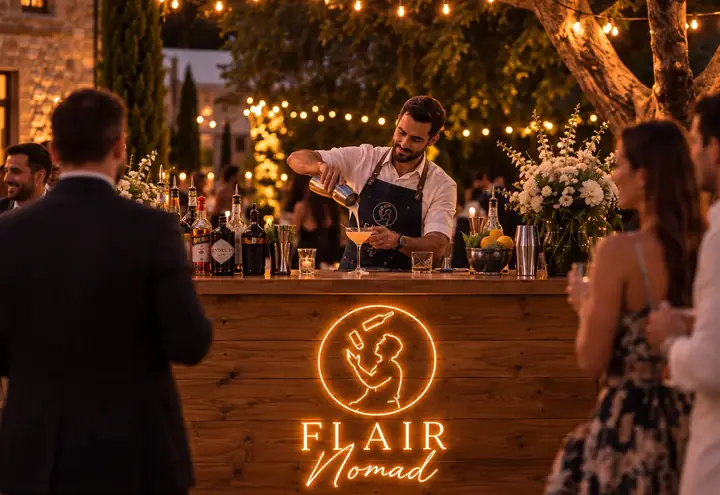 Flair Nomad cocktail bar at an outdoor wedding
